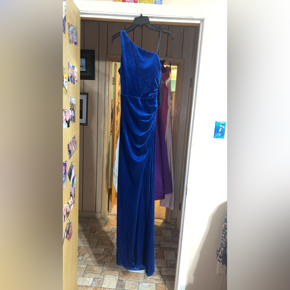 B. Darlin Velvet One Shoulder Long Gown